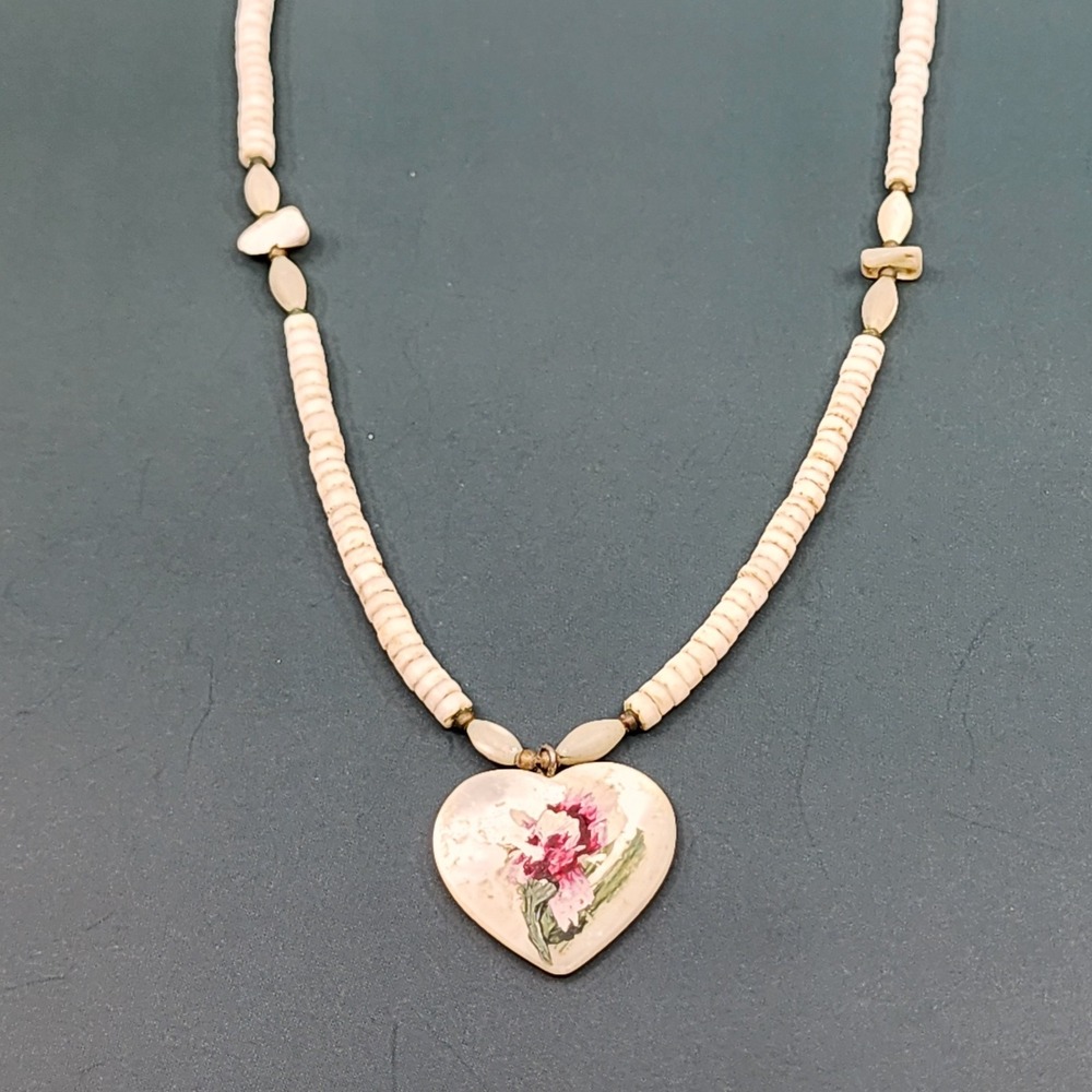Floral Heart Shell Pendant Necklace Cream Heishi Beads Cottagecore Romantic Boho